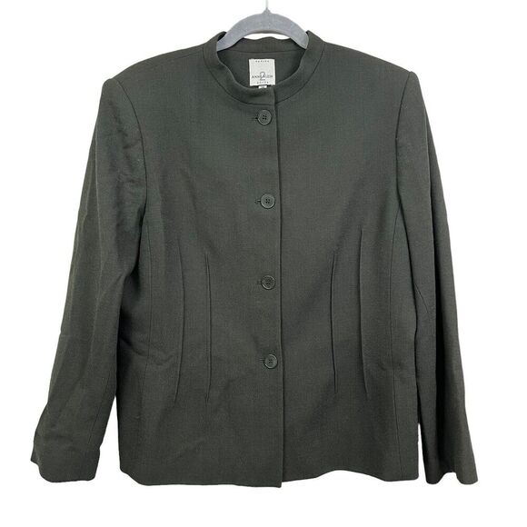 Anne Klein 2 Petite Wool Suit Blazer‎ Collarless Lined Green Women Size 14